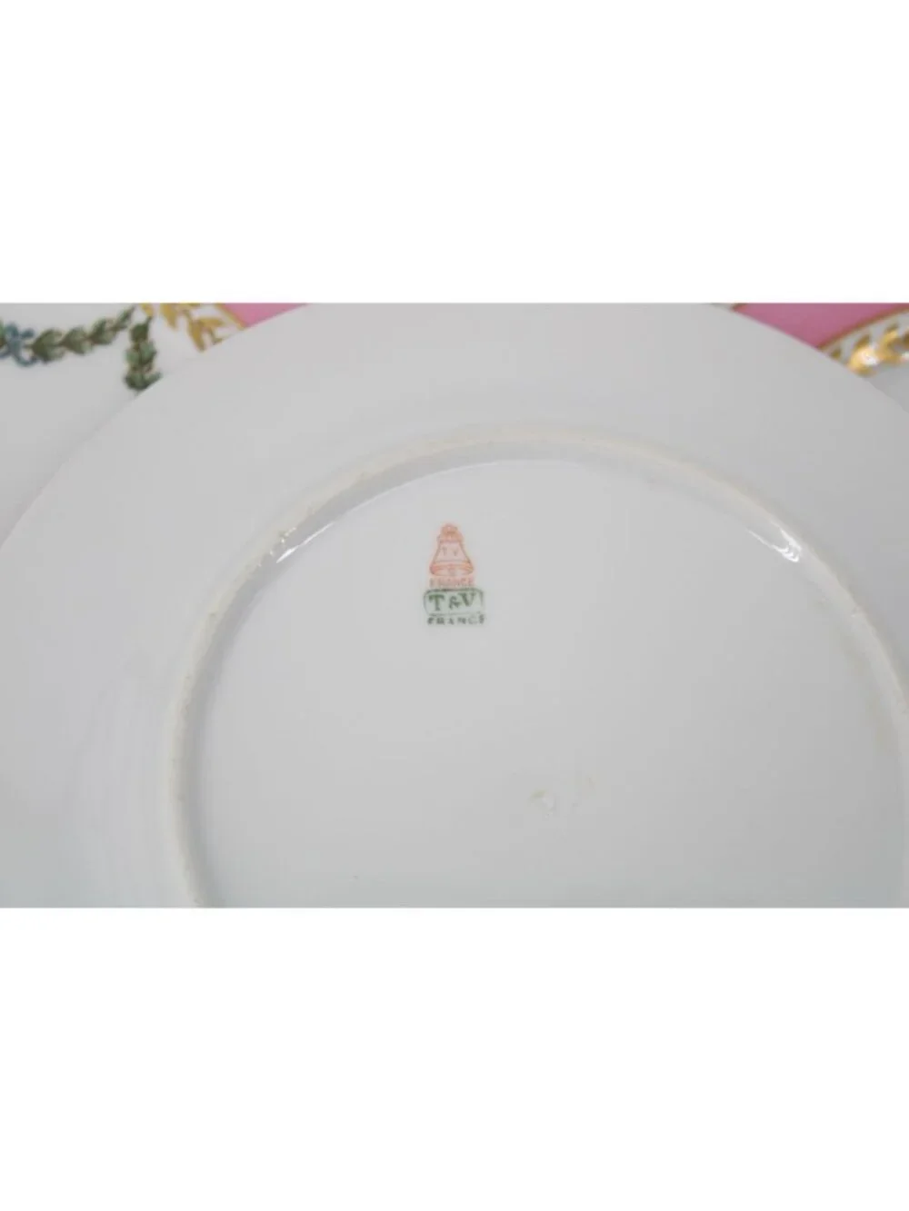 3 T & V France Pink Gold Salad Luncheon Plate China Antique T&V Vintage 94702